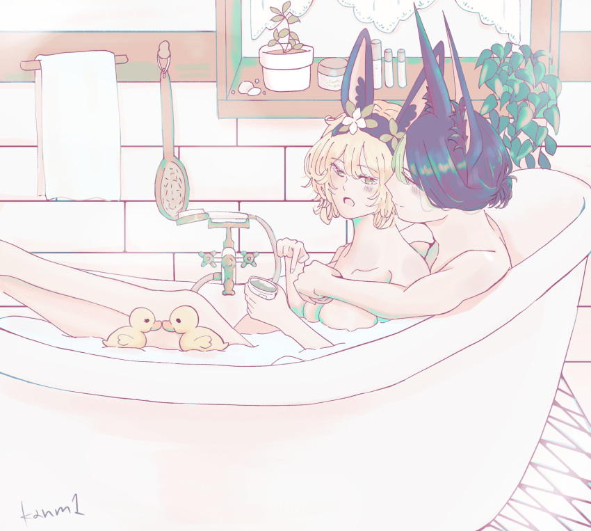 1boy 1girls animal_ears bangs bathing bathing_together bathroom bathtub blonde_hair female fox_ears genshin_impact hugging_from_behind leaning_on_person lumine_(genshin_impact) male mixed_bathing romantic tighnari_(genshin_impact)