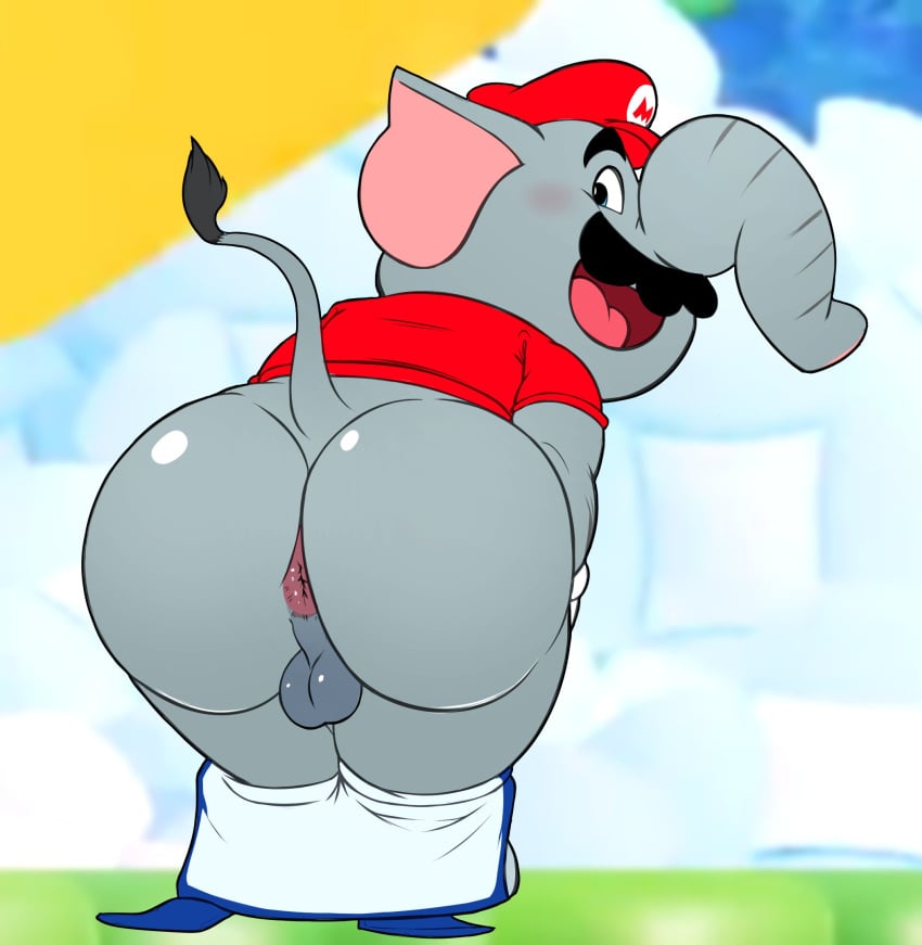 1boy 2020s 2023 :d anthro anus ass backsack balls ballsack bent_over big_butt big_ears big_head black_eyebrows black_eyes black_mustache blush bottomless bottomless_anthro bottomless_male bottomwear bottomwear_down bubble_butt clothed clothing cloud elephant elephant_mario elephantid english_text eyebrows facial_hair floppy_ears genitals glistening glistening_anus glistening_balls glistening_butt glistening_genitalia gloves grass grey_balls grey_butt grey_ears grey_nose grey_skin handwear happy hat headgear headwear hi_res huge_butt huge_ears long_nose long_tail looking_at_viewer looking_back looking_back_at_viewer male male_only mammal mario mario_(series) mostly_nude multicolored_ears multicolored_nose multicolored_tail mustache nintendo open_mouth outside overalls overalls_down pants pants_down partially_clothed perineum pink_anus pink_ears pink_nose pink_tongue plant portrait presenting presenting_anus presenting_balls presenting_hindquarters proboscidean raised_eyebrows round_head scrotum seyrmo shirt sky smile solo standing super_mario_bros._wonder tail testicles text thick_thighs tongue toony topwear two_tone_tail wide_hips