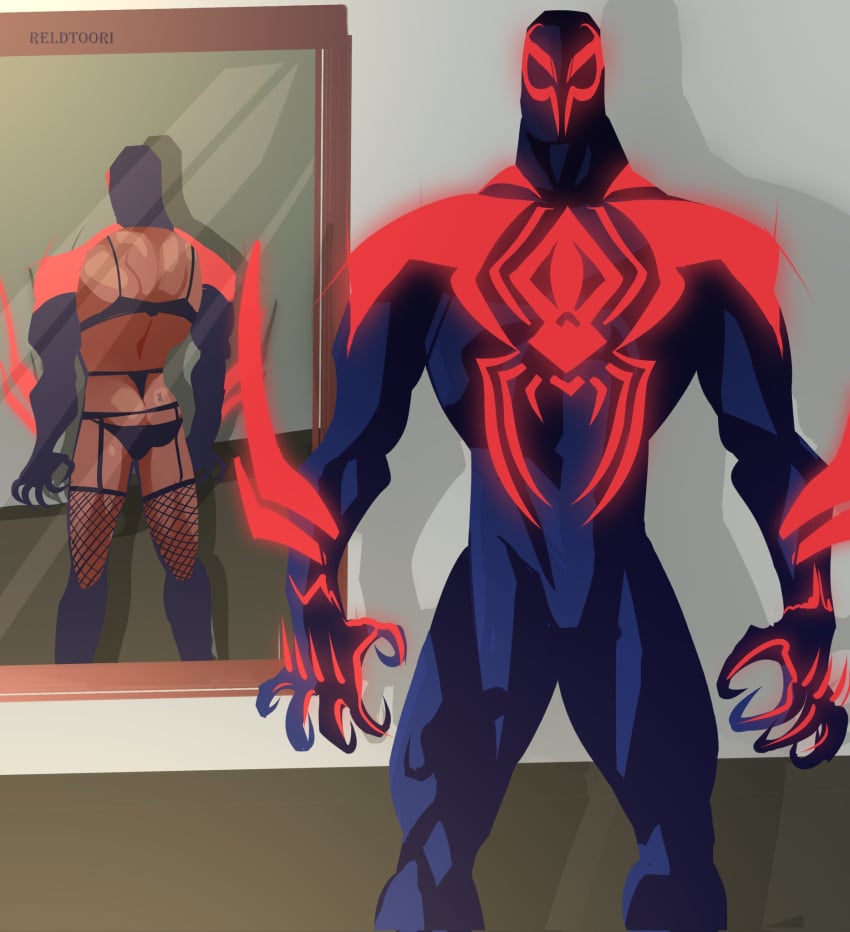 1boy ass bra bulge flaccid irish irish_male latino lingerie male male_focus male_in_lingerie male_only manly marvel marvel_comics mexican mexican_irish mexican_male miguel_o'hara mirror muscles muscular muscular_male panties reldtori solo solo_male spider-man spider-man:_across_the_spider-verse spider-man:_into_the_spider-verse spider-man_(series) spider-man_2099 stockings superhero torn_clothes