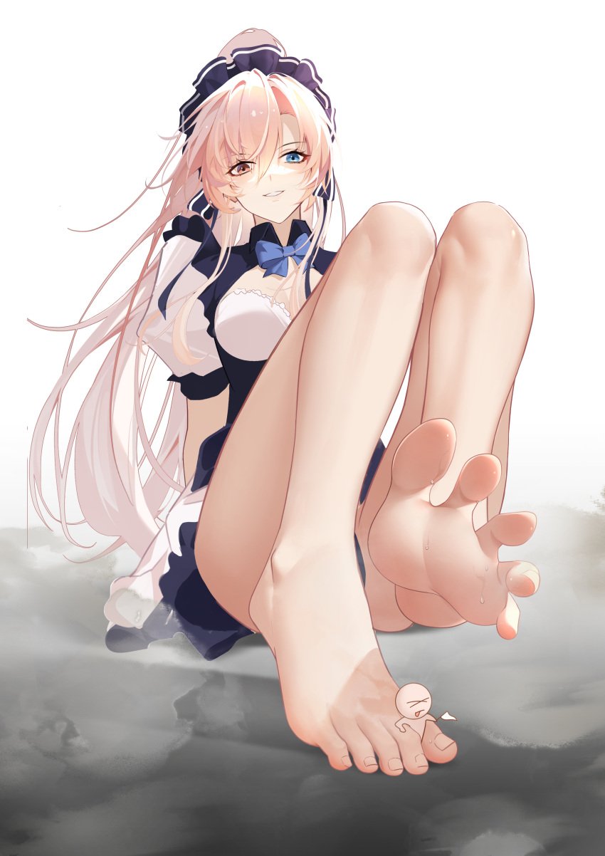 1girls barefoot blush bottomless feet female foot_fetish foot_focus full_body giantess grin heterochromia lucia:_crimson_abyss_(punishing:_gray_raven) lucia_(punishing:_gray_raven) maid_headdress maid_outfit maid_uniform medium_breasts ponytail punishing:_gray_raven robot_girl sitting soles toes white_hair zhenpiaoliang