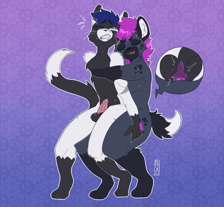 <3_eyes anthro balls black_spots blue_eyes blue_hair bodily_fluids closed_eyes duo embrace felid feline genital_fluids genitals grey_body hair heart hi_res hug hugging_from_behind hyena knot knotting leaking_precum leg_markings male male/male mammal markings marsh_(mawrshie) on_lap open_mouth penis pink_penis precum purple_hair sex sickbelle sitting_on_lap socks_(marking) spots sweat sweatdrop whiskers white_body white_tail_tip ygnite