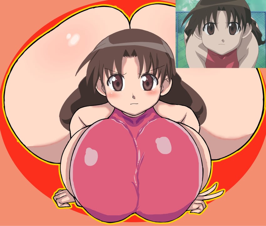 1girls ass azumanga_daiou big_ass blush breasts brown_eyes brown_hair edit furrowed_brow hair highres huge hyper_ass laying_down looking_at_viewer lying_on_stomach peace_sign please_look_forward_to_it reference_inset sideboob solo swimsuit tagme thanuki thanukiart yukari_tanizaki