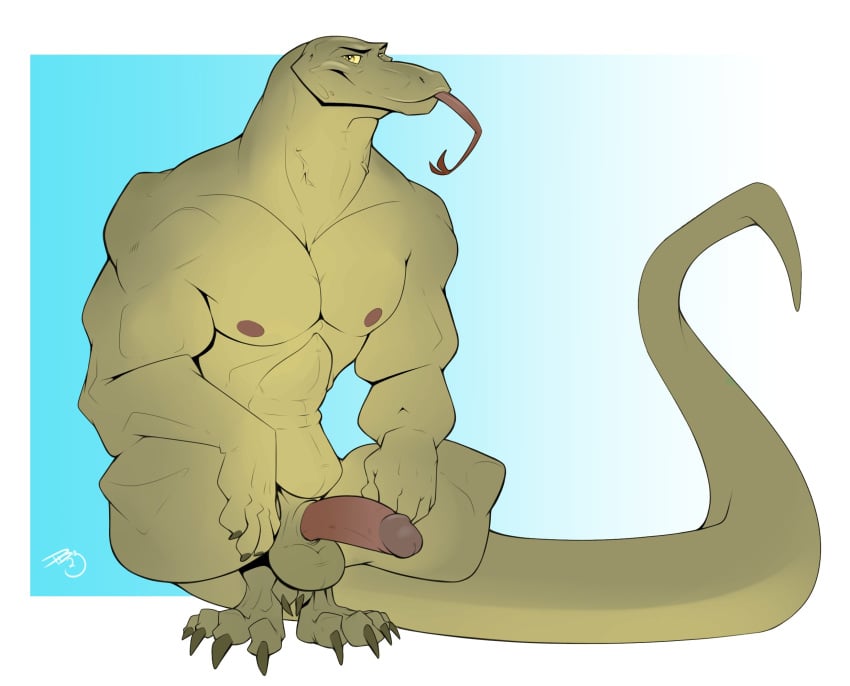 anthro balls crouching dragondrawer erection forked_tongue genitals green_body green_scales hi_res humanoid_genitalia humanoid_penis komodo_dragon lizard long_tongue male monitor_lizard muscular muscular_male nude penis reptile scales scalie solo tongue tongue_out