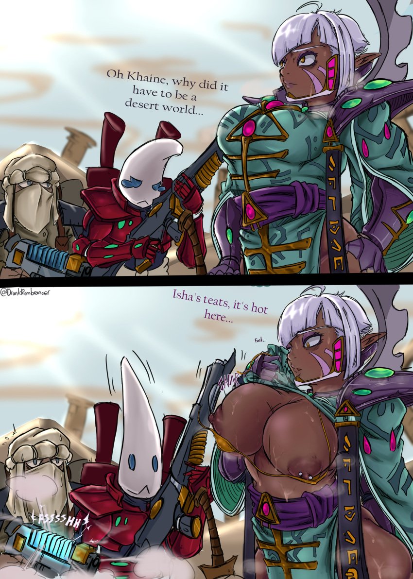 1girls 2boys aeldari armor astra_militarum bikini_pull breasts breasts_out clothes_lift comic dark-skinned_female dark_skin dialogue drunkrembrancer eldar english_text facial_markings farseer female guardsman_(warhammer_40k) gyaru_eldar_(drunkrembrancer) headgear human imperial_guard imperium_of_man male nipple_piercing nipple_slip nipples pauldrons pelvic_curtain piercing short_hair sweat tagme tallarn_desert_raiders text warhammer_(franchise) warhammer_40k weapon white_hair