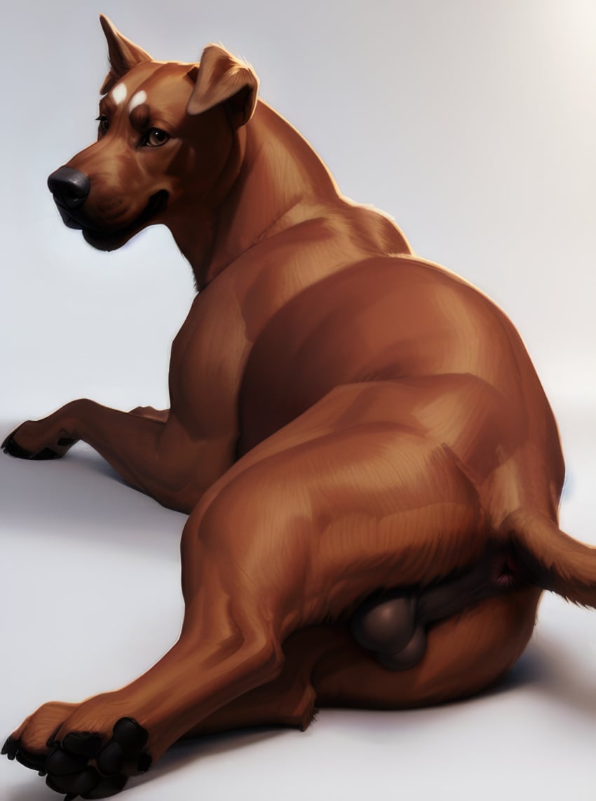 2023 absurd_res ai_generated anatomically_correct animal_genitalia anus ass backsack balls ballsack black_nose brown_body brown_eyes brown_fur canid canine canis domestic_dog feral fur furry genitals hi_res looking_at_viewer looking_back looking_back_at_viewer lying male mammal on_side open_mouth open_smile pawpads paws perineum pink_anus presenting presenting_anus presenting_ass presenting_balls presenting_hindquarters raised_tail seductive seductive_look seductive_smile shuffur simple_background smile solo stable_diffusion tagme tail taint white_background