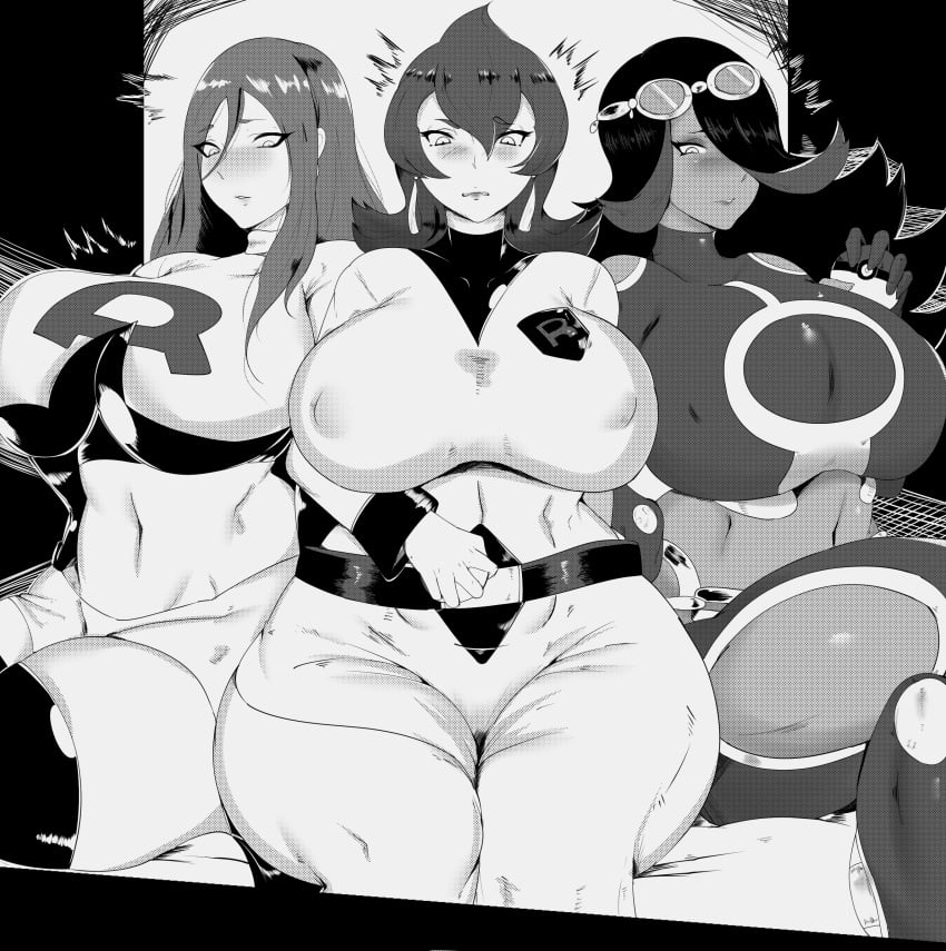 3girls alternate_hairstyle ariana_(pokemon) belly belly_button black_and_white blush breasts cropped cropped_image dark-skinned_female earrings erovsaaaka female female_only game_freak goggles goggles_on_head greyscale hair_between_eyes hair_down hair_over_one_eye heavy_blush jessie_(pokemon) large_breasts long_hair milf milfs monochrome more_at_source motion_lines nintendo nipple_bulge pokeball pokemon pokemon_hgss pokemon_oras shelly_(pokemon) shelly_(pokemon_oras) shocked short_hair team_aqua team_rocket thick_thighs third-party_edit venus_body worried_expression