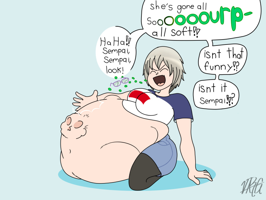 anime asai_ami belly belly_bulge big_belly big_belly_bulge big_breasts breasts burp burping burping_up_object digestion digestion_noises fatal fatal_vore female_pred female_prey glasses gray_hair grey_hair light-skinned_female manga oral_vore patting_belly same_size_vore sitting_down skull skull_imprint soft_vore t-shirt unwilling_prey uzaki-chan_wa_asobitai! uzaki_hana vargartz vore vore_belly willing_pred