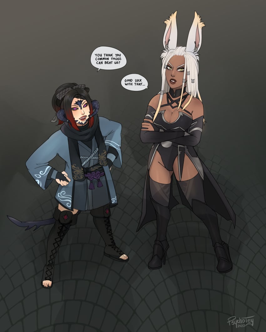 2girls absurd_res au_ra black_hair bunny_ears bunny_girl clothing confident dark_skin english_text fair_skin female female_only final_fantasy final_fantasy_xiv garlean horns imminent_defeat imminent_rape multiple_girls psychotey revealing_clothes scales silver_hair surrounded sypha_flowen text viera warrior_of_light_(final_fantasy_xiv) white_hair_female xaela yellow_eyes