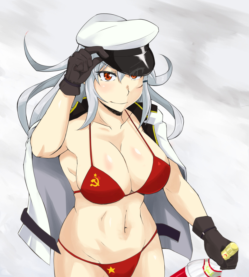 abs armpits bikini black_gloves bottle breasts collarbone commentary_request cowboy_shot female gangut_(kantai_collection) gloves grey_background grey_hair hammer_and_sickle hammer_and_sickle_bikini hat highres holding holding_bottle jacket kantai_collection large_breasts long_hair navel peaked_cap red_bikini red_eyes shigeru_(shigel_marv) smile solo swimsuit toned white_jacket