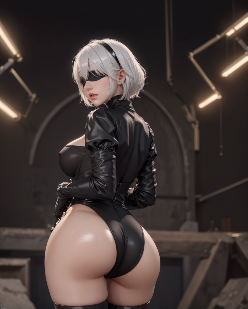 1girls ai_generated aiwaifu69 android ass back_view big_ass big_breasts big_butt black_blindfold black_clothing black_gloves black_hairband black_legwear blindfold breasts feathers gloves gynoid hairband indoors legwear looking_back nier nier:_automata panties pussy_line robot robot_girl short_hair white_hair yorha_2b