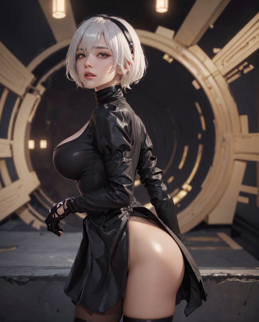 1girls ai_generated aiwaifu69 android ass big_ass big_breasts big_butt black_blindfold black_clothing black_gloves black_hairband black_legwear blindfold breasts feathers front_view gloves gynoid hairband indoors legwear looking_back nier nier:_automata panties pussy_line robot robot_girl short_hair white_hair yorha_2b