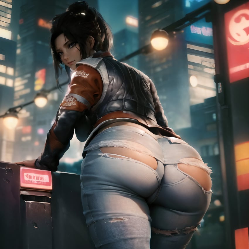 ai_generated bubble_butt cyberpunk_2077 futuristic_background heavenly_ass huge_ass leaning_forward looking_at_viewer looking_back nai_diffusion panam_palmer phobius ripped_clothing ripped_jeans stable_diffusion