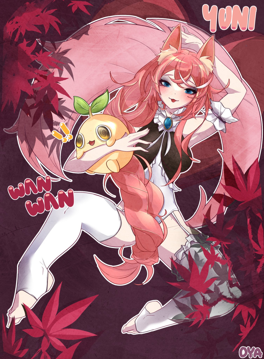 1girl anger_vein animal_ears artist_name autumn autumn_leaves bare_shoulders blue_eyes blush cat_ears character_name creature_and_personification dog_ears dog_girl falling_leaves fang female_only fingerless_gloves full_body gloves leaf long_hair looking_at_viewer maple_leaf open_mouth pink_hair red_hair signature skirt sleeveless smile solo starter_pokemon tail thighhighs toeless_legwear tongue tongue_out very_long_hair virtual_youtuber vyugen white_legwear yuniiho_(character)