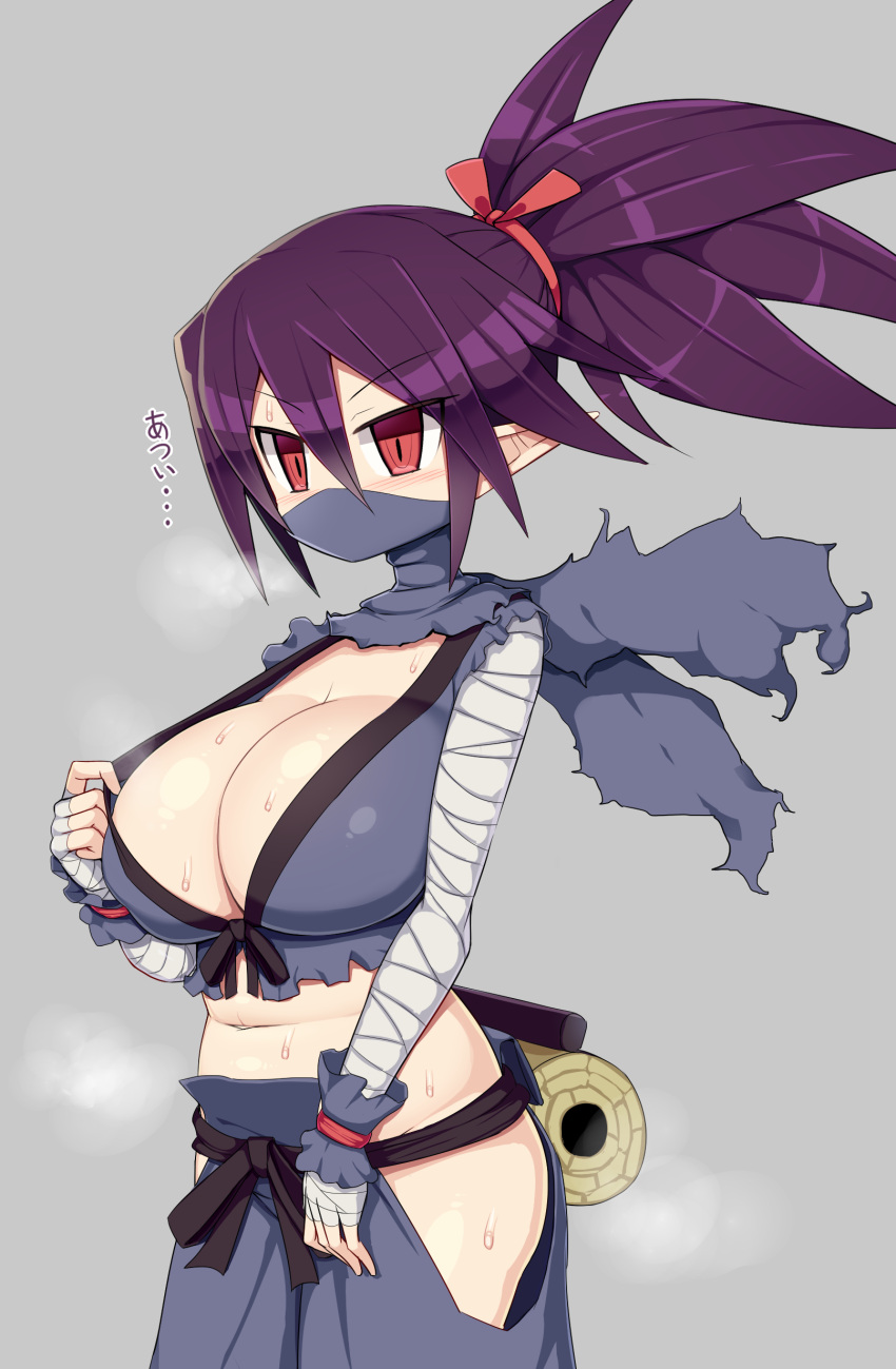 alternate_version_available blush blush breasts chubby chubby_female cleavage disgaea facemask huge_breasts japanese_text kunoichi kunoichi_(disgaea) large_breasts looking_at_viewer nippon_ichi_software no_bra no_panties sawati sweat