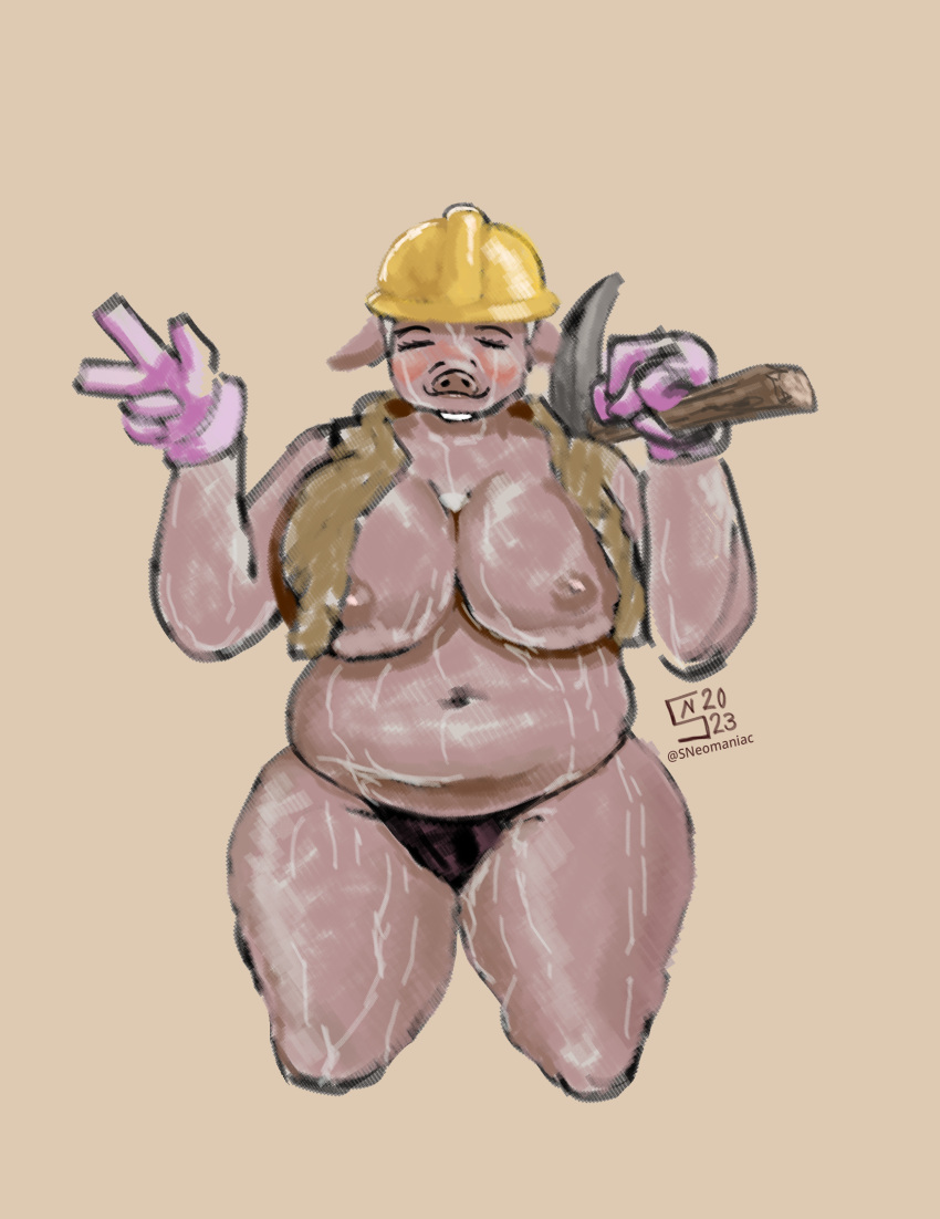 :3 barely_clothed blank_background blush blushing_at_viewer construction_worker digital_media_(artwork) digital_painting_(artwork) gloves happy hard_hat knee_up milf pickaxe pig pig_ears shadowy_neomaniac small_panties sweat sweating sweating_profusely sweaty_body sweaty_breasts sweaty_thighs tight_panties vest white_gloves