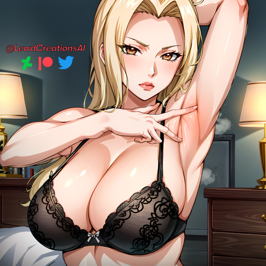 1girls ai_generated armpit_fetish armpit_spread armpits big_breasts blonde_hair blush bra breasts busty cleavage female female_only huge_breasts large_breasts lewdcreationsai makeup mature mature_female mature_woman naruto naruto_(series) naruto_shippuden oppai pinup plump pose posing smelly_armpits solo solo_focus spreading_armpit stable_diffusion top_heavy tsunade