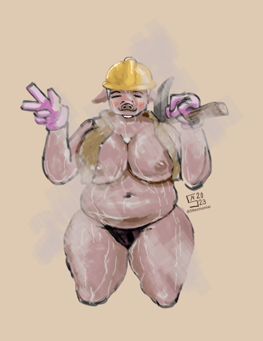 :3 barely_clothed blank_background blush blushing_at_viewer construction_worker digital_media_(artwork) digital_painting_(artwork) dust gloves happy hard_hat knee_up milf musk musk_clouds musky pickaxe pig pig_ears shadowy_neomaniac small_panties steam steaming steaming_body sweat sweating sweating_profusely sweaty_body sweaty_breasts sweaty_thighs tight_panties vest white_gloves