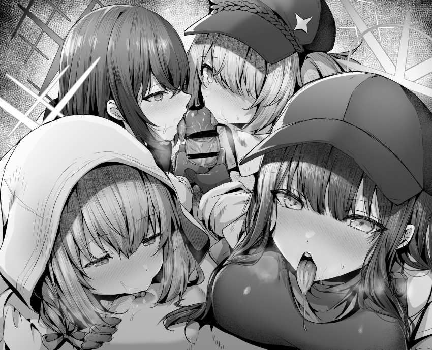 1boy 4girls 4girls1boy absurdres arius_satellite_school_student arius_squad_(blue_archive) atsuko_(blue_archive) bar_censor baseball_cap blue_archive blush breast_press breasts censored collaborative_fellatio cooperative_fellatio cuddling_handjob double_fellatio erection fellatio female gloved_handjob gloves greyscale group_sex hair_between_eyes hair_over_one_eye halo handjob harem hat highres hiyori_(blue_archive) hood hood_up hooded_jacket jacket large_breasts licking licking_nipple licking_penis long_hair long_sleeves looking_at_viewer male misaki_(blue_archive) monochrome multiple_girls nipples open_mouth oral penis pov reverse_gangbang reverse_nursing_handjob saori_(blue_archive) shirt straight teamwork tongue tongue_out uko_magi