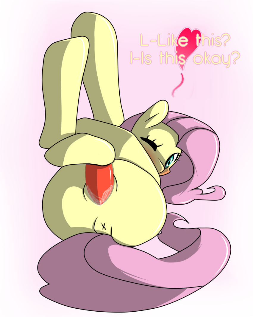 1girls dildo doxy equine female fluttershy_(mlp) friendship_is_magic hasbro masturbation my_little_pony pussy pussy_juice sex_toy straight_hair tagme text