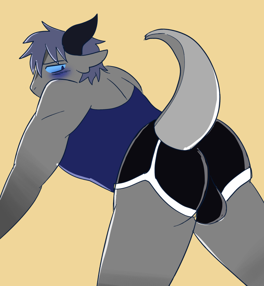 absurd_res anthro ass balls balls_outline big_balls blue_blush blue_eyes blush blushing_male bottomwear bulge clothing dragon embarrassed genital_outline genitals gym_bottomwear gym_clothing gym_shorts hi_res himbo hotpants jock looking_at_viewer male muscular muscular_thighs penis presenting presenting_hindquarters shorts solo submissive submissive_male thick_thighs