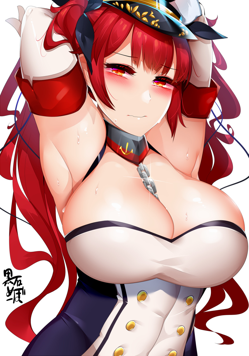 armpits arms_up azur_lane big_breasts breasts chains eyebrows_visible_through_hair hat honolulu_(azur_lane) kuroishimebo looking_at_viewer red_hair simple_background tagme white_background