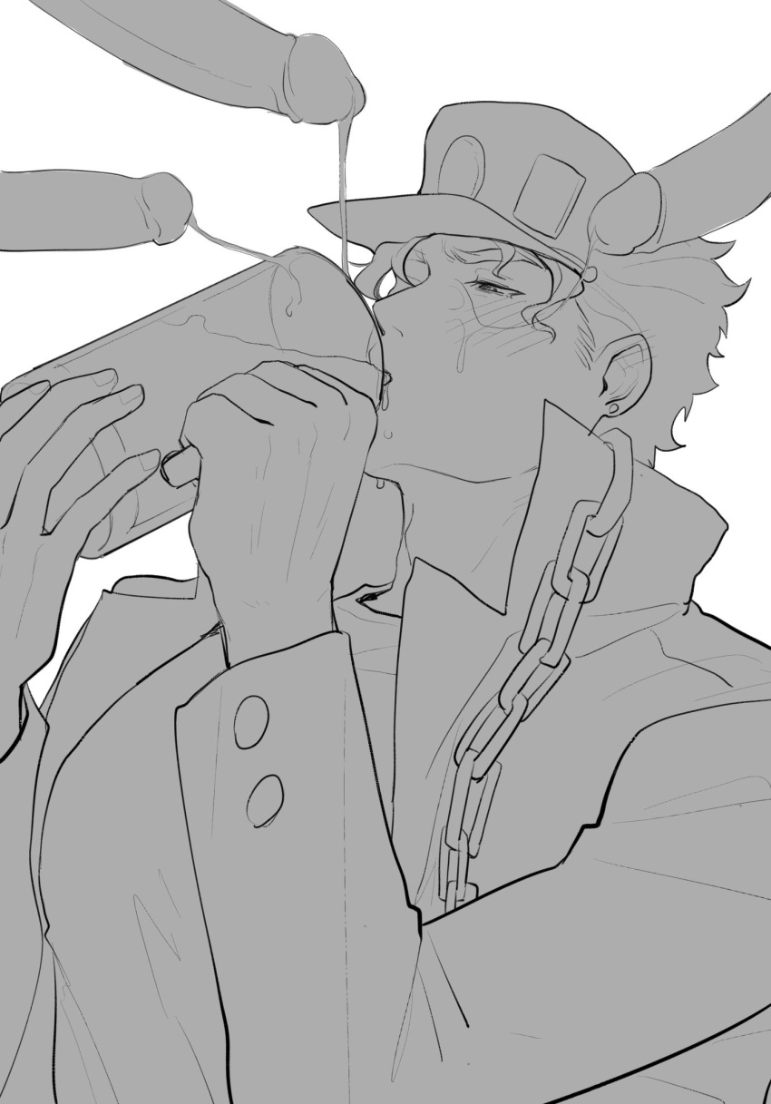 benmu_233 drinking_cum face_closeup gay jojo's_bizarre_adventure jotaro_kujo male male_only multiple_penises penis stardust_crusaders yaoi