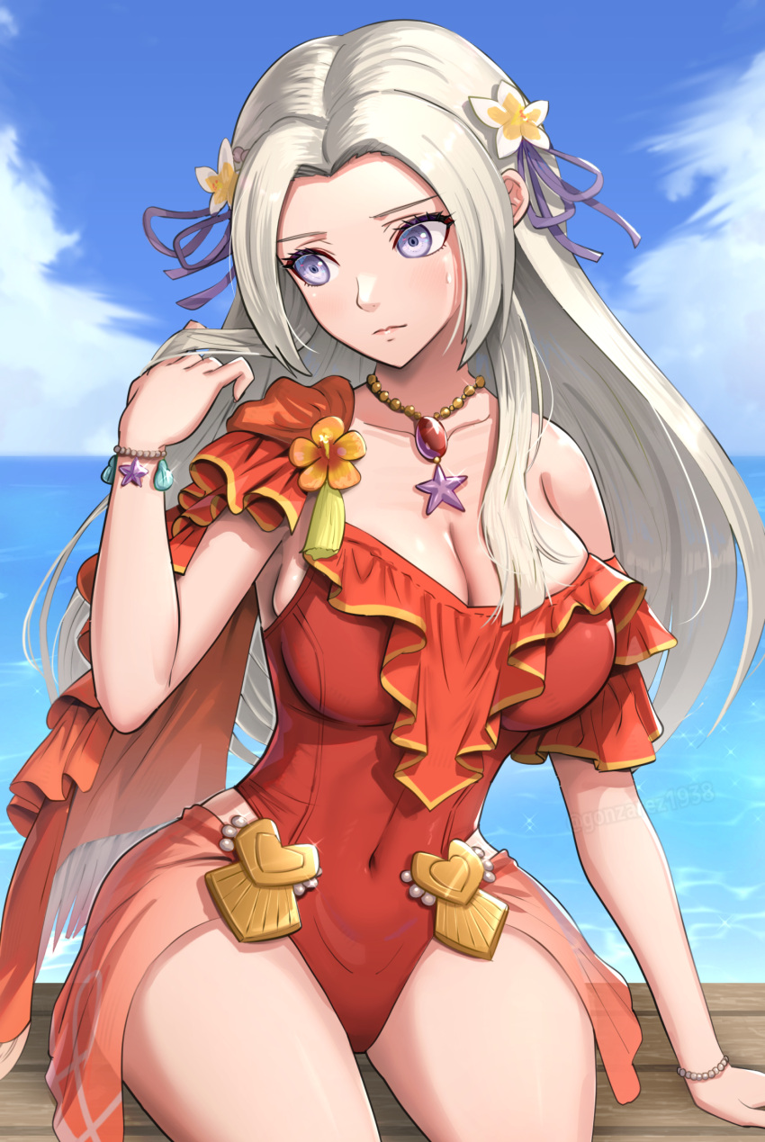 1girls bare_thighs blue_sky bracelet breasts casual_one-piece_swimsuit cleavage closed_mouth cloud commentary_request covered_navel day edelgard_von_hresvelg edelgard_von_hresvelg_(summer) embarrassed female female_only fire_emblem fire_emblem:_three_houses fire_emblem_heroes frilled_one-piece_swimsuit frills gonzarez hair_ornament hair_ribbon hand_in_own_hair highres jewelry long_hair medium_breasts necklace nintendo ocean official_alternate_costume official_alternate_hairstyle one-piece_swimsuit outdoors pearl_necklace pendant plumeria_(flower) purple_eyes red_one-piece_swimsuit red_swimsuit ribbon shy sitting sky solo sweatdrop swimsuit thick_thighs thighs white_hair