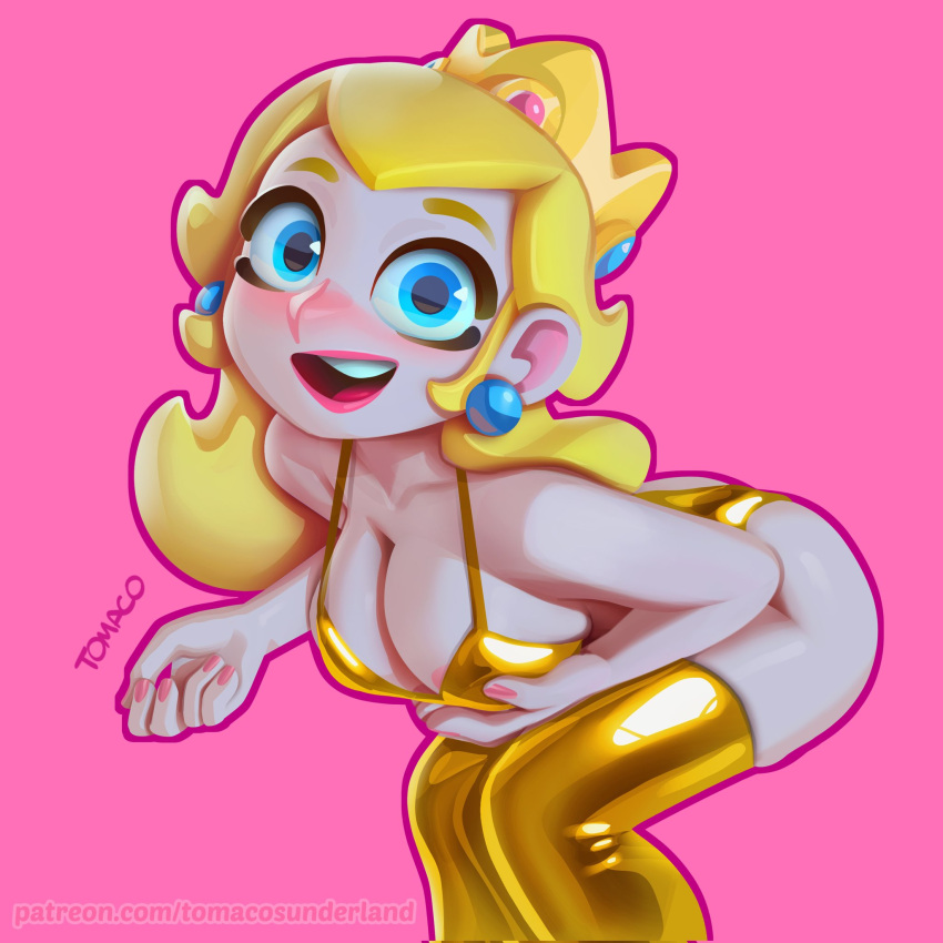 blonde_hair breasts female female_only gold_bikini golden_bikini golden_thighhighs mario_(series) nintendo open_mouth princess_peach solo tagme tomaco_sunderland