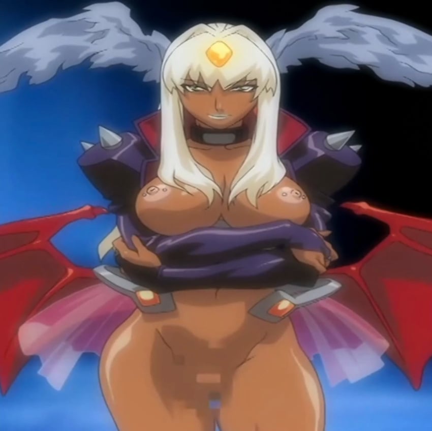 angel_blade anime_screencap areolae blonde_hair breasts censored dark-skinned_female demon_wings female green_eyes head_wings hips large_breasts long_hair looking_at_viewer monster_girl nailkaiser nipple_piercing nipples nude ova screencap screenshot stitched thick_thighs thighs tummy vagina wide_hips wings