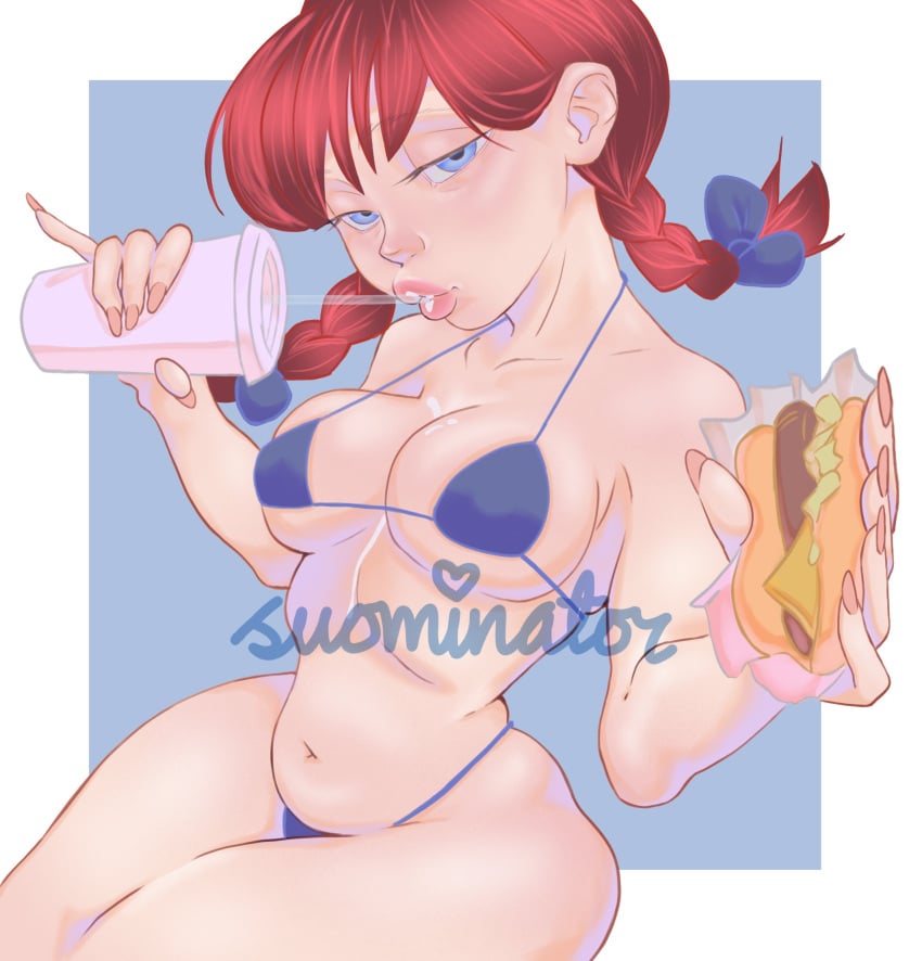 1girls bikini blue_eyes burger cup drink drinking drinking_cum drinking_straw female female_only food hamburger looking_at_viewer red_hair solo solo_female suominator wendy's wendy_thomas