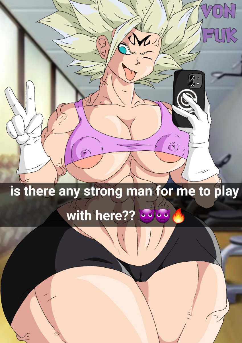 2023 abs big_ass big_breasts big_butt big_hips big_nipples big_thighs blonde_hair bra_(dragon_ball) bra_briefs corruption dragon_ball dragon_ball_multiverse emoji enemy_conversion english_text female_saiyan green_eyes gym gym_shorts huge_ass huge_breasts huge_butt huge_hips huge_nipples huge_thighs large_ass large_breasts light_skin majin_mark makeup muscular_female open_mouth phone phone_view self_upload selfie shorts son_bra super_saiyan super_saiyan_2 text thick_ass thick_thighs tomboy veins voluptuous von_fuk wide_hips