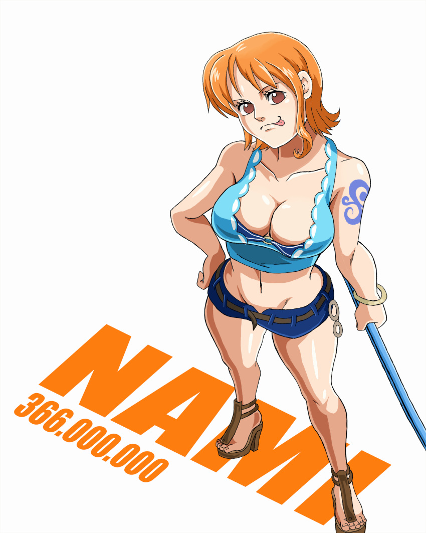 1girls 2023 big_breasts breasts female female_only hand_on_hip legs miniskirt nami one_piece orange_hair pale-skinned_female pale_skin pre-timeskip revealing_clothes sandals schlumper shiny_skin short_hair tattoo tongue_out