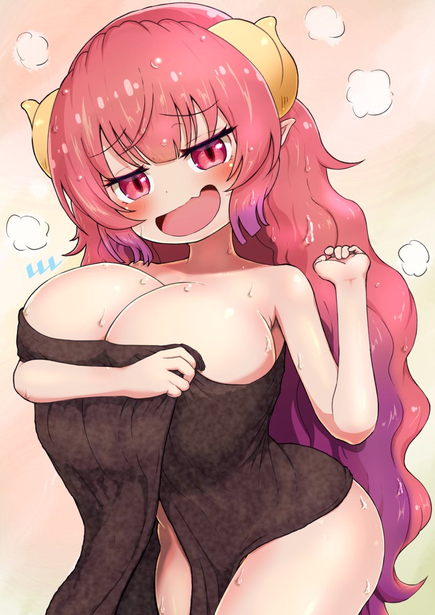 1girls big_breasts blush dragon_girl dragon_horns fanbox_reward female horns huge_breasts ilulu_(dragon_maid) large_breasts light-skinned_female long_hair miss_kobayashi's_dragon_maid ozrereresan red_hair shortstack solo towel