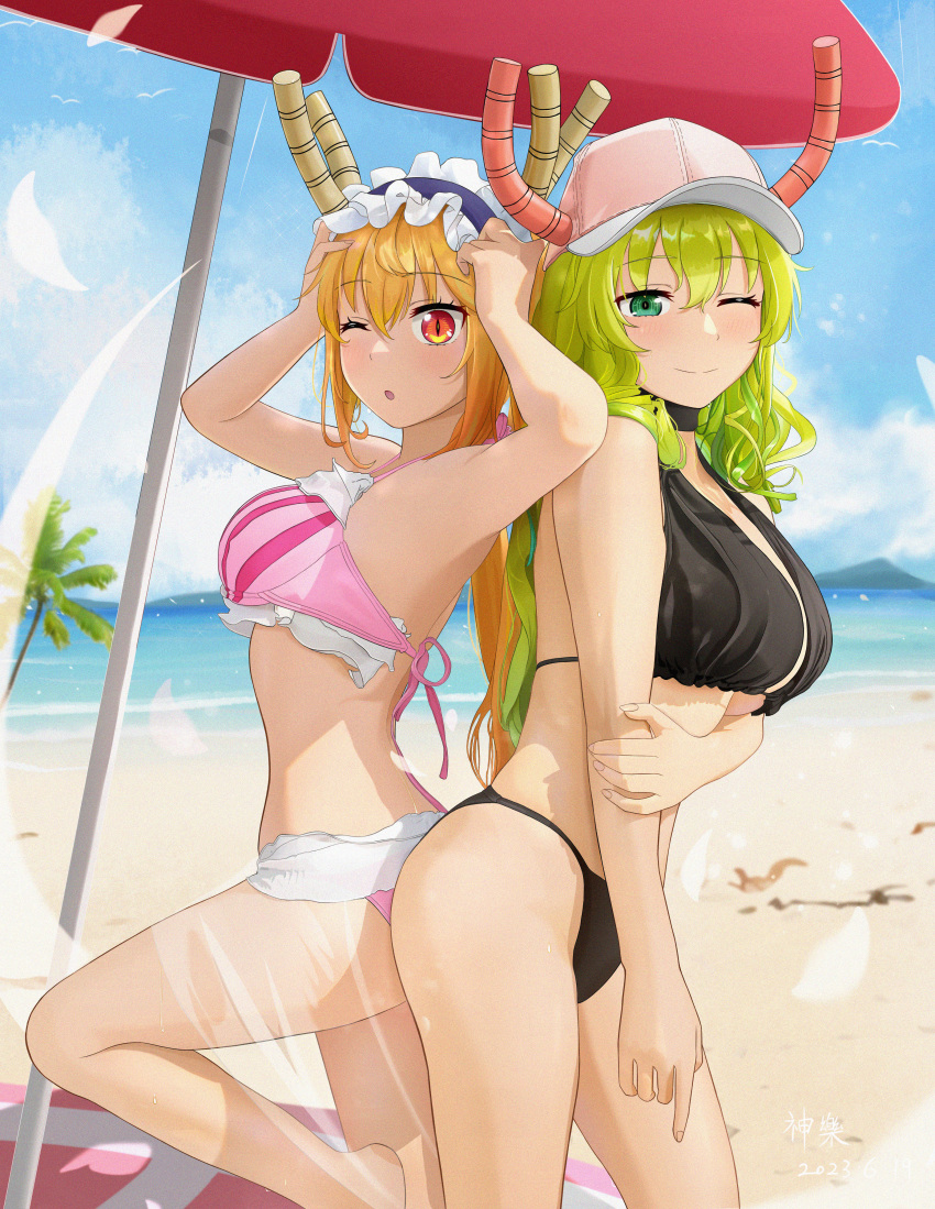 2girls big_breasts bikini bikini_bottom bikini_top dragon_girl dragon_horns duo female female_only horns light-skinned_female long_hair maid_headdress miss_kobayashi's_dragon_maid monster_girl quetzalcoatl_(dragon_maid) shenle swimsuit tagme tohru_(dragon_maid)