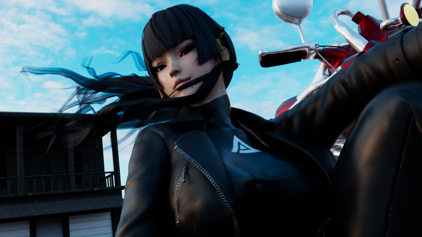 3d dead_or_alive dead_or_alive_5 girly kktzane leather leather_jacket nyotengu pants pose shiny_skin thighs