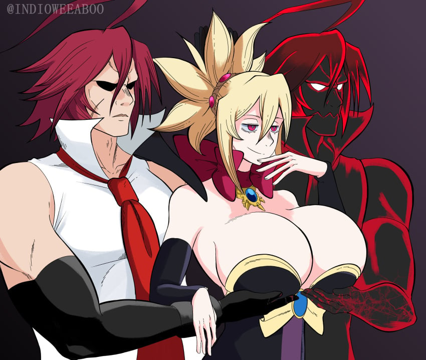 adell aphrodite_(shuumatsu_no_valkyrie) breasts calamity_adell cleavage corruption disgaea disgaea_2 holding_breast huge_breasts indioweeaboo large_breasts male_corruption meme nippon_ichi_software parody possessed possession rozalin servants_holding_aphrodite's_breasts_(meme) shuumatsu_no_valkyrie zenon zenon_(character)