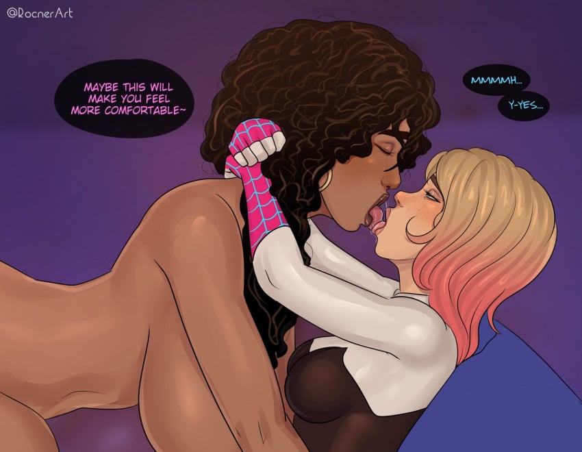 2023 2girls age_difference areolae asymmetrical_hair big_breasts chocolate_and_vanilla curly_hair curvy dark-skinned_female dark_skin dialogue english_text female female/female female_focus female_only gwen_stacy gwen_stacy_(spider-verse) hoop_earrings huge_breasts interracial interracial_yuri kissing larger_female latina lesbian lesbians marvel mature mature_female milf multicolored_hair multiple_girls mutual_yuri nude nude_female older_woman_and_teenage_girl rio_morales rio_morales_(spider-verse) rocner signature smaller_female spider-gwen spider-gwen_(spider-verse) spider-man:_across_the_spider-verse spider-man:_into_the_spider-verse spider-man_(series) text tongue voluptuous yuri