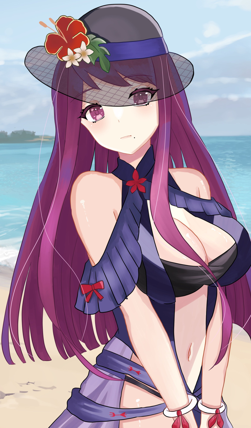 absurdres bandeau bare_shoulders black_headwear blue_one-piece_swimsuit blue_sky breasts cleavage cloud commentary_request day female fire_emblem fire_emblem_engage fire_emblem_heroes flower hat hat_flower highres ivy_(fire_emblem) large_breasts long_hair looking_at_viewer n_54 navel ocean official_alternate_costume one-piece_swimsuit outdoors purple_eyes purple_hair red_flower see-through sky solo stomach swimsuit upper_body v_arms very_long_hair water white_flower