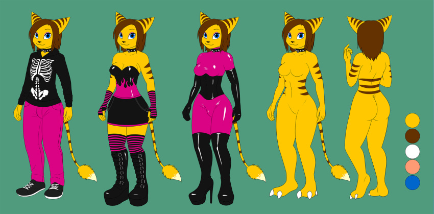 anthro boots bottomwear clothing collar corset emo female footwear hi_res hoodie jonzu95 lingerie lombax lumekat mammal model_sheet pants ratchet_and_clank rubber rubber_boots rubber_clothing rubber_suit shoes skirt socks solo sony_corporation sony_interactive_entertainment spiked_collar spikes topwear