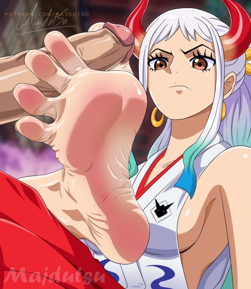 1girls annoyed brown_eyes earrings feet female foot_fetish footjob frown horns looking_at_penis looking_down majdutsu male one_piece penis penis_between_toes sideboob toe_spread toejob watermark white_hair yamato_(one_piece)