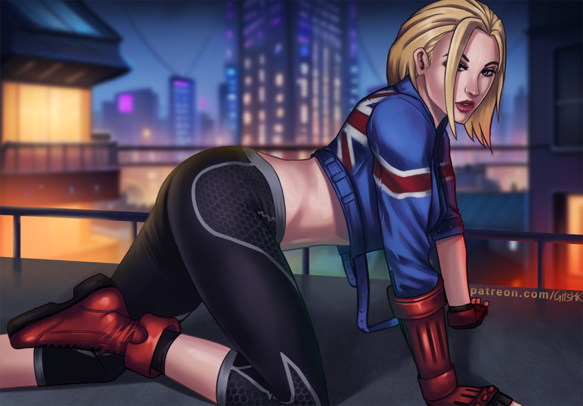 1girls artist_signature blonde_female blonde_hair cammy_white city_background cityscape female female_only gits-hk jacket non_nude nonude patreon_username solo street_fighter street_fighter_6 tight_clothes tight_clothing tight_pants yoga_pants