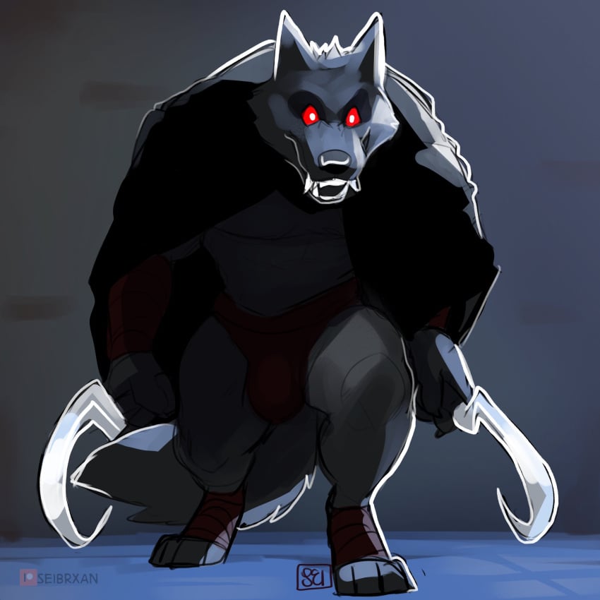 anthro big_bulge bulge death_(puss_in_boots) partly_clothed red_eyes white_hair wolf