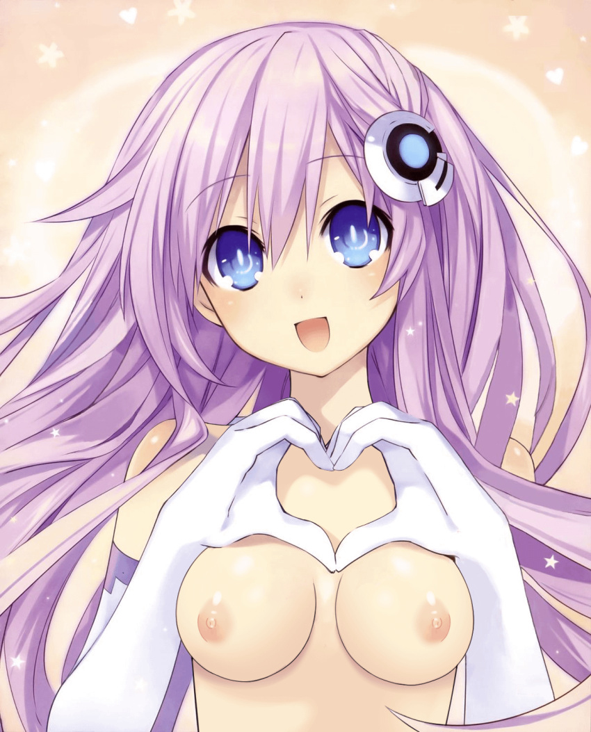 blue_eyes breasts close-up compile_heart elbow_gloves goddess hair_ornament hand_heart happy idea_factory light-skinned_female long_hair looking_at_viewer nepgear neptunia_(series) nipples nude official_artwork_edit open_mouth pink_hair power_symbol-shaped_pupils purple_sister solo tsunako