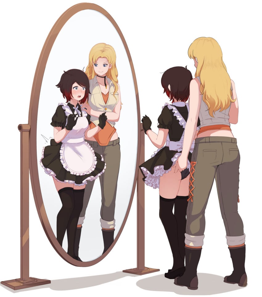 2girls apron ass black_hair black_panties blonde_hair blue_eyes boots breasts choker dress_lift female female_only femdom femsub garththeddraig gloves groping hand_on_shoulder horny_female human lezdom lezsub long_hair maid maid_apron maid_uniform medium_breasts mirror mirror_reflection multiple_girls orange_shirt panties pants purple_eyes ruby_rose rwby saphron_cotta-arc shirt short_hair tan_pants tan_vest thighhighs vest yuri