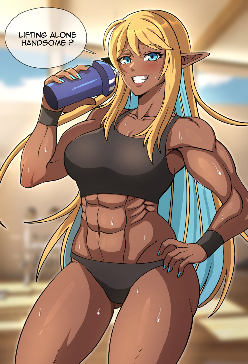 1girls 2023 abs athletic_female black_bra black_panties black_sports_bra blonde_hair blush borrowed_character bra commission dark-skinned_female dk_stuff elf elf_ears elf_female english_text fit_female grin hadairu_koseiri hand_on_hip large_breasts looking_at_viewer mature_female muscular muscular_female navel painted_nails panties pointy_ears smile sports_bra sweat tagme text thick_thighs thighs two_tone_hair very_long_hair wide_hips