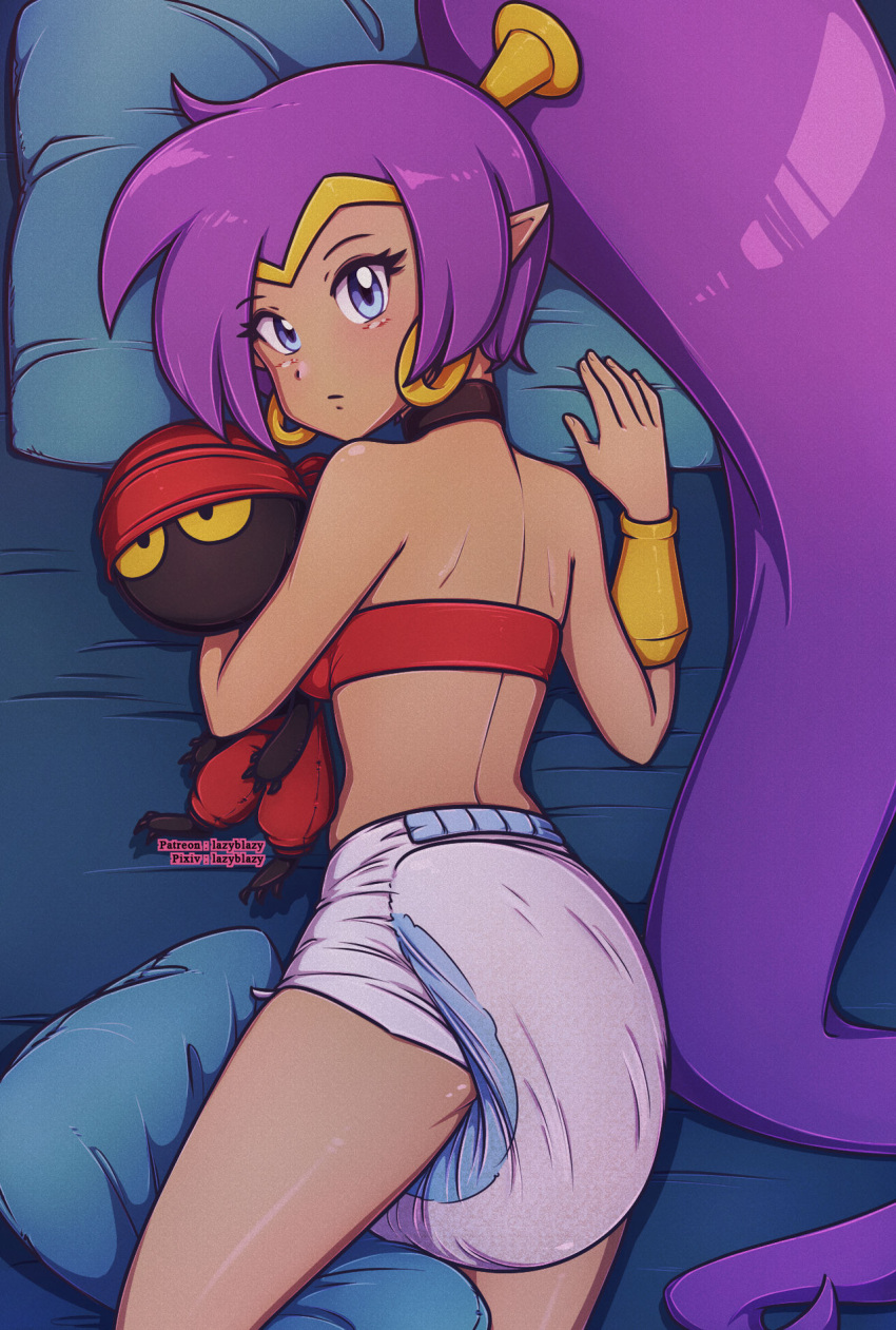 1girls ass bandeau bed blue_eyes breasts choker circlet diaper earrings holding_plushie hoop_earrings laying_on_bed lazyblazy lazyblazy_(artist) looking_at_viewer looking_back medium_breasts pillow pillow_between_legs plushie ponytail purple_hair red_bandeau shantae shantae_(character) tinkerbat vambraces