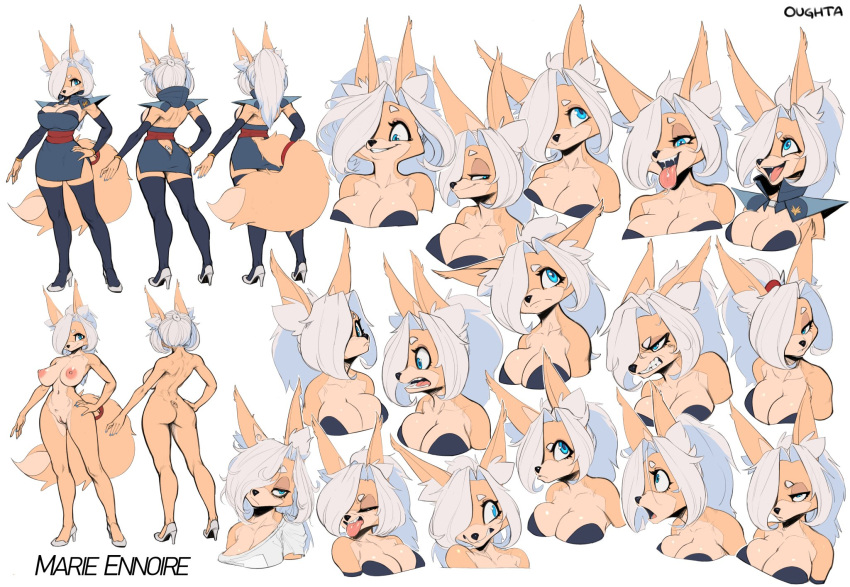 2023 5_toes angry_expression ass bare_back big_breasts big_butt blue_eyes bottomwear breasts canid canine character_name cleavage clothing countershading dress expression_sheet feet female female_focus female_only footwear fox fur hair hi_res high_heels inner_ear_fluff legwear looking_happy looking_pleasured looking_tired mammal marie_(oughta) messy_hair miniskirt model_sheet one_eye_obstructed original original_character oughta ponytail pussy shoulder_pads skirt slit_dress stockings surprised_expression tight_clothing tight_dress toes tuft white_hair wide_hips yellow_body yellow_fur