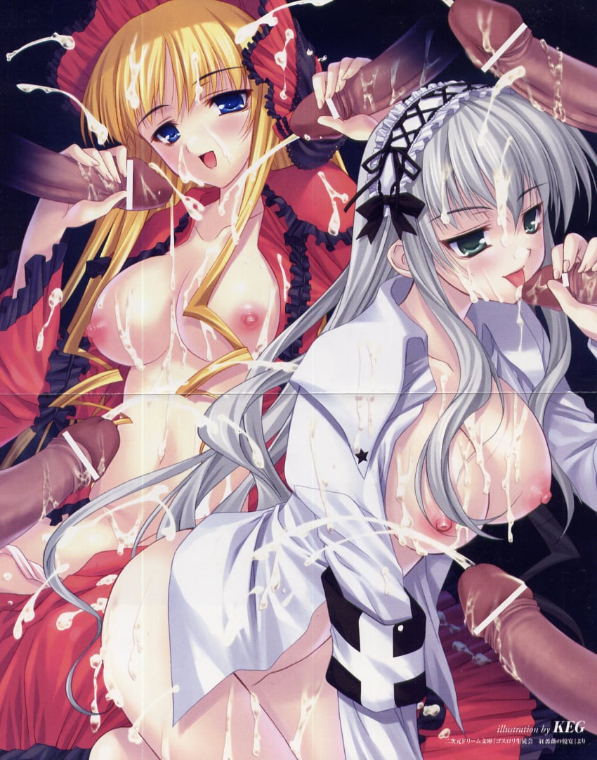 blonde_hair blue_eyes bukkake cosplay dark-skinned_male fellatio gothic_lolita gray_hair green_eyes hair keg nipples oppai oral penis rozen_maiden shinku suigintou tekoki