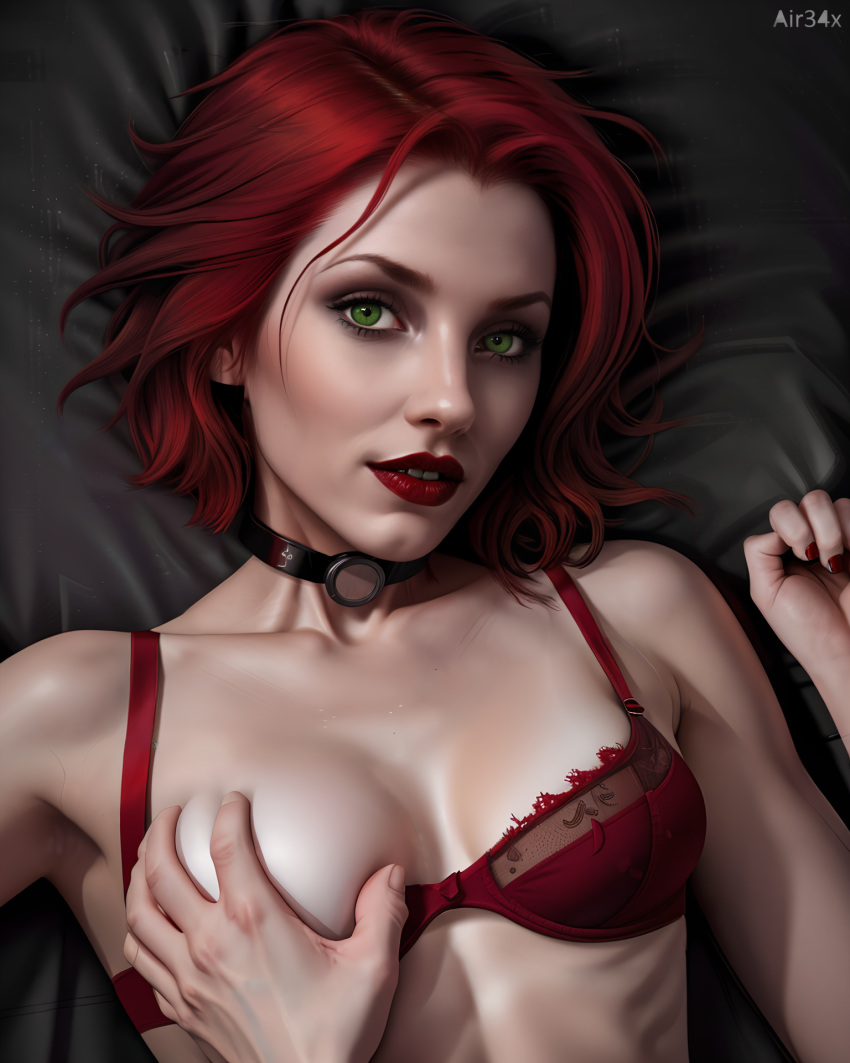 ai_generated air34x bloodrayne boob_grab bra choker collar eye_contact green_eyes groping hand_on_breast lipstick pale_skin petite rayne red_hair vampire