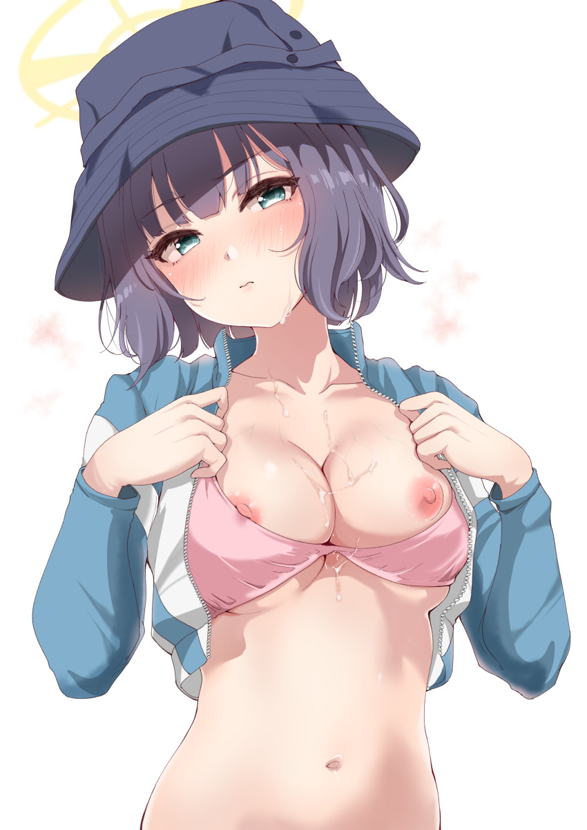 absurdres bikini bikini_top_pull blue_archive blush breasts bucket_hat cleavage collarbone cum cum_on_body cum_on_breasts facial female halo hat head_tilt highres large_breasts looking_at_viewer murabito_c navel nipples official_alternate_costume pink_bikini purple_hair rabbit_squad_(blue_archive) rash_guard saki_(blue_archive) saki_(swimsuit)_(blue_archive) simple_background solo srt_special_academy_student sweatdrop swimsuit underboob unzipped upper_body white_background